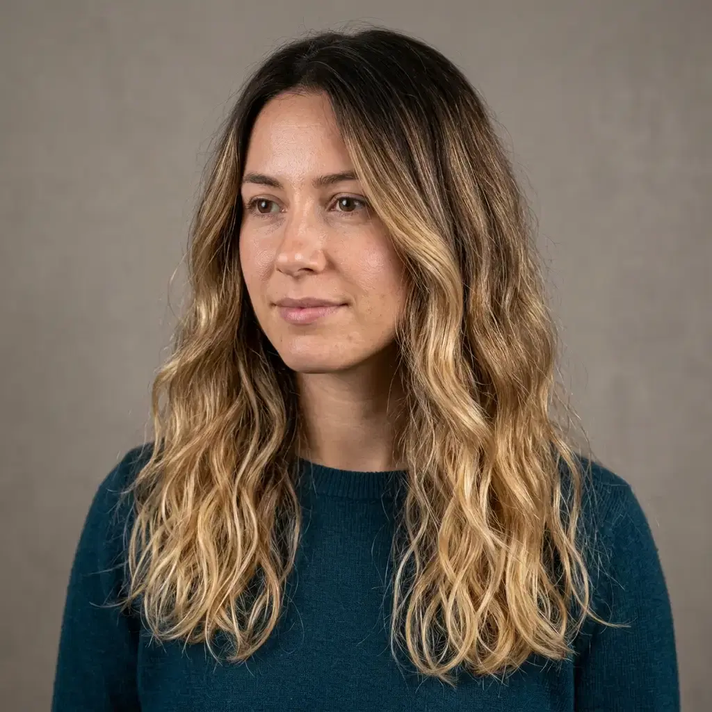 Una fotografía cercana de cabeza y hombros de una mujer con melena larga ondulada y balayage pintado a mano, sus raíces oscuras naturales fundiéndose en unos largos rubio miel cálido que se aclaran hacia las puntas, con la variación tonal y el brillo visibles a lo largo de los mechones, iluminada de forma uniforme ante una pared lisa de gris cálido.