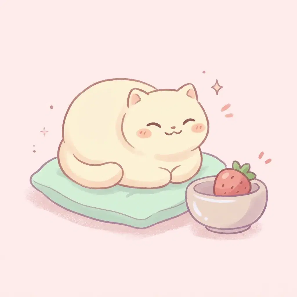 Kawaii illustration of a round fluffy cream cat loaf with closed happy eyes on a mint cushion beside a small bowl and a strawberry