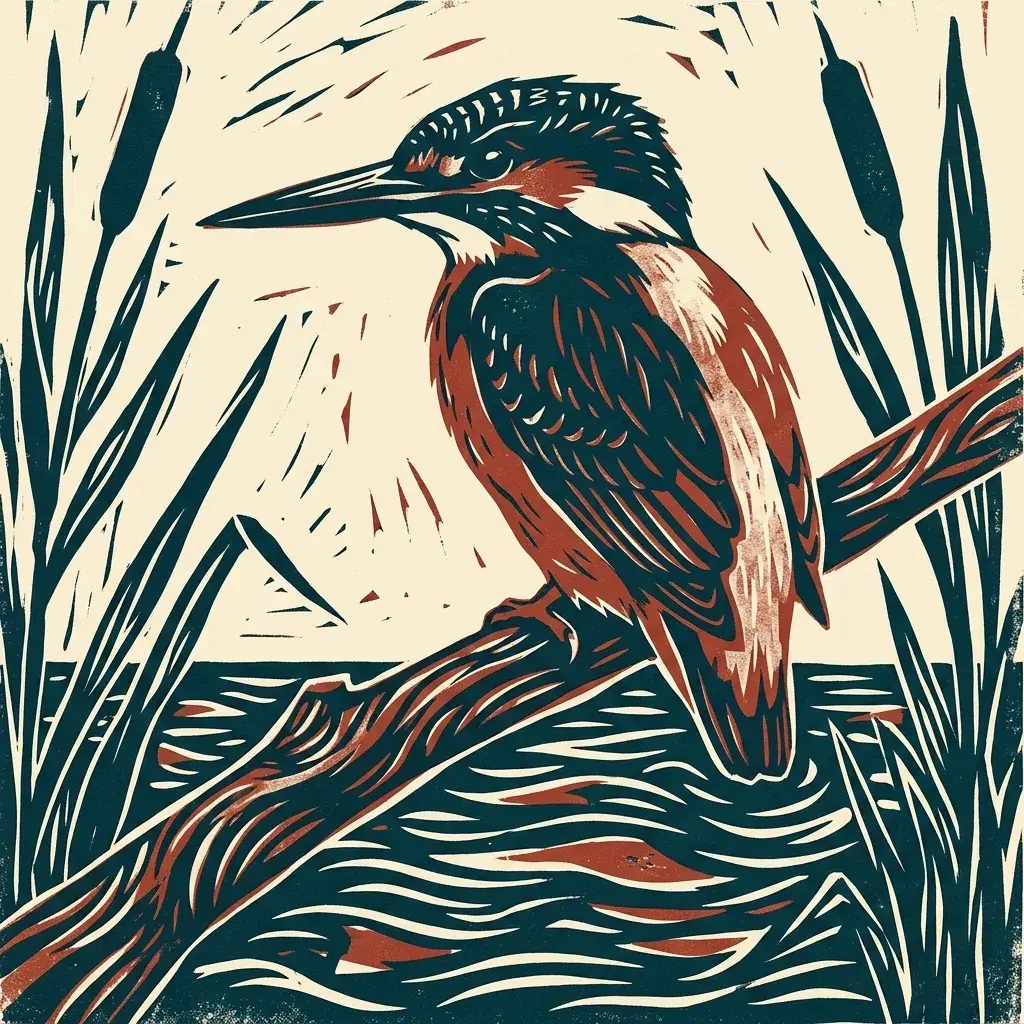 Martín pescador estilo linograbado en verde azulado oscuro y rojo ladrillo, posado en una rama sobre marcas de agua curvas y juncos