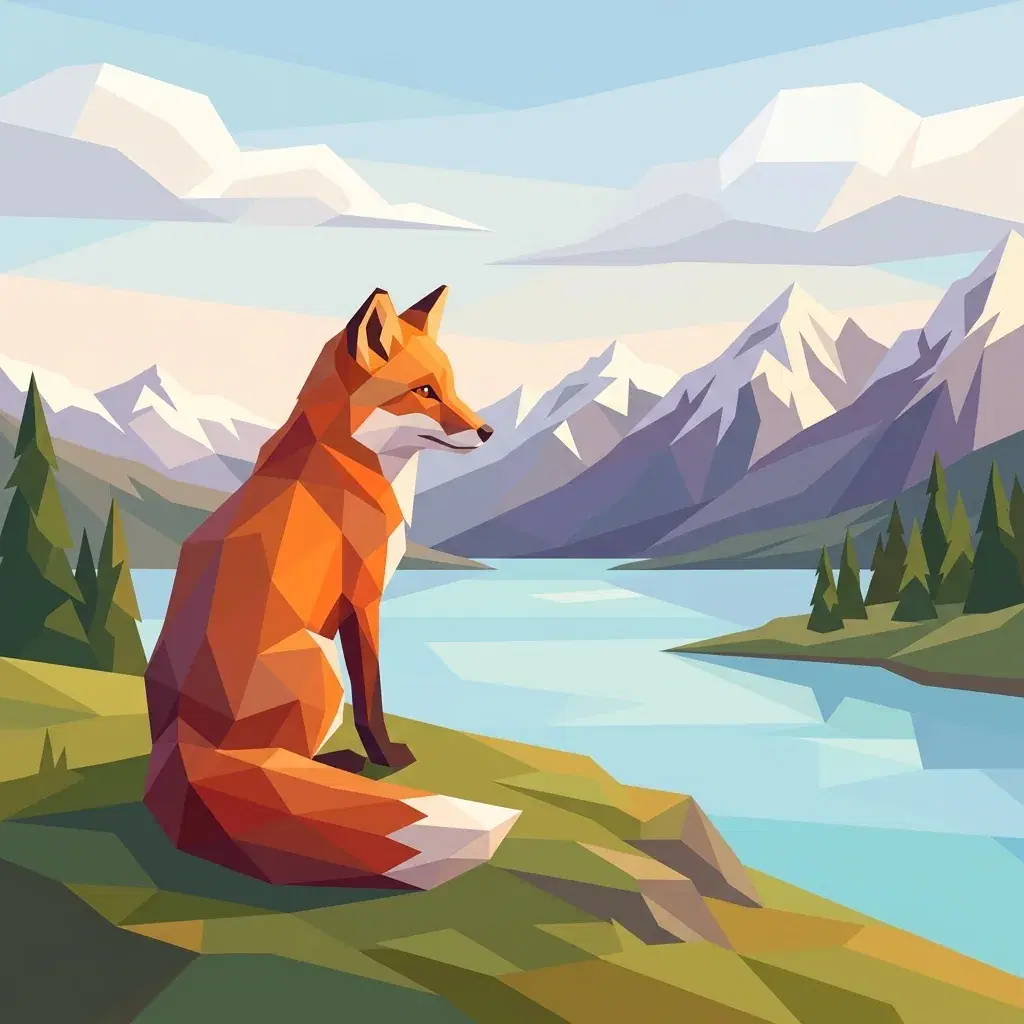 Zorro rojo low-poly sentado en una cresta de hierba sobre un lago azul con montañas angulares, árboles y un cielo pálido