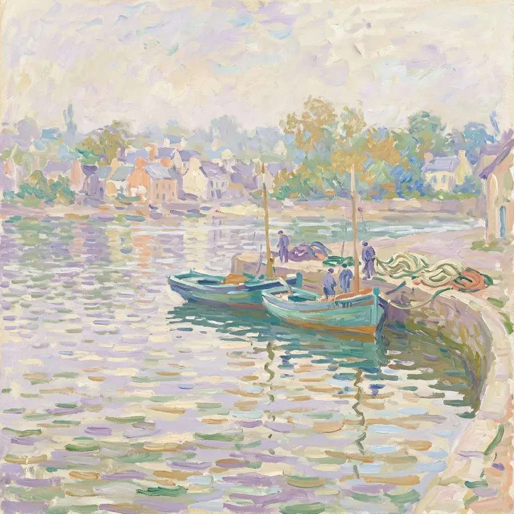 Puerto inspirado en Monet con pequeños botes verde azulado, casas costeras en melocotón y crema y reflejos de agua pintados suavemente en lavanda y oro