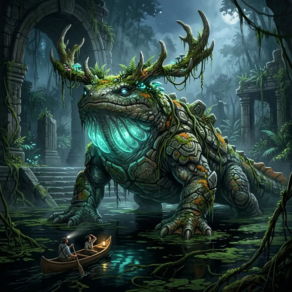 Ancient amphibian temple guardian with moss-covered antlers rising from a flooded jungle ruin above tiny explorers in a canoe