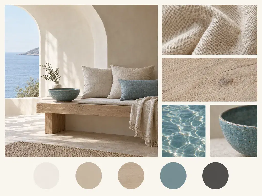 Moodboard de interior luminoso, madera clara, lino y muestras neutras y azules