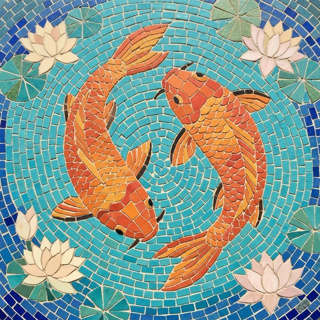 Obra de arte al estilo de mosaico de dos peces koi naranjas nadando en círculos en agua turquesa, rodeados de flores de loto de color crema y pequeños azulejos de colores