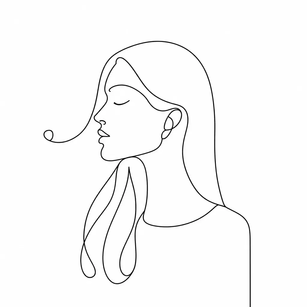 One line drawing of a woman's face in profile, eyes closed, long hair looping over one shoulder, in black on white