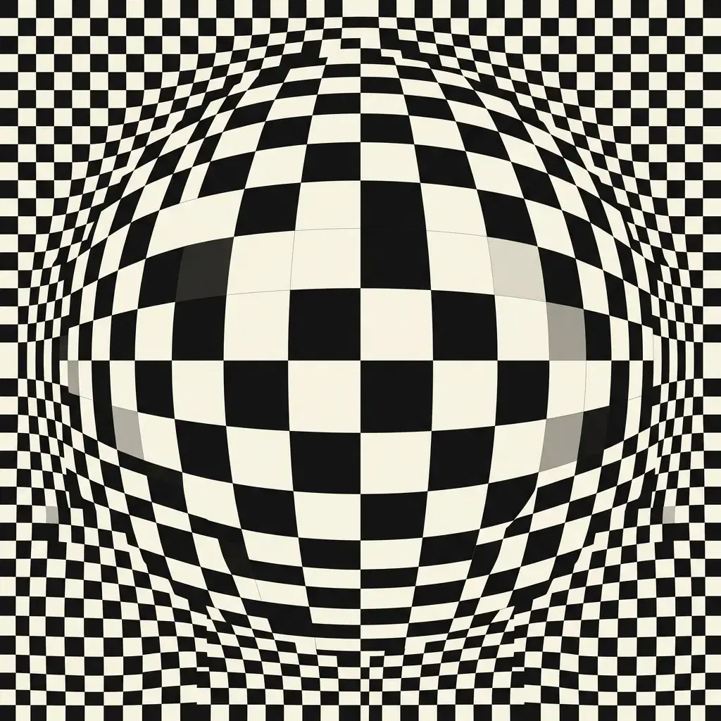 Black and white Op Art checker grid curving around a large central bulge, with smaller repeated squares toward the edges