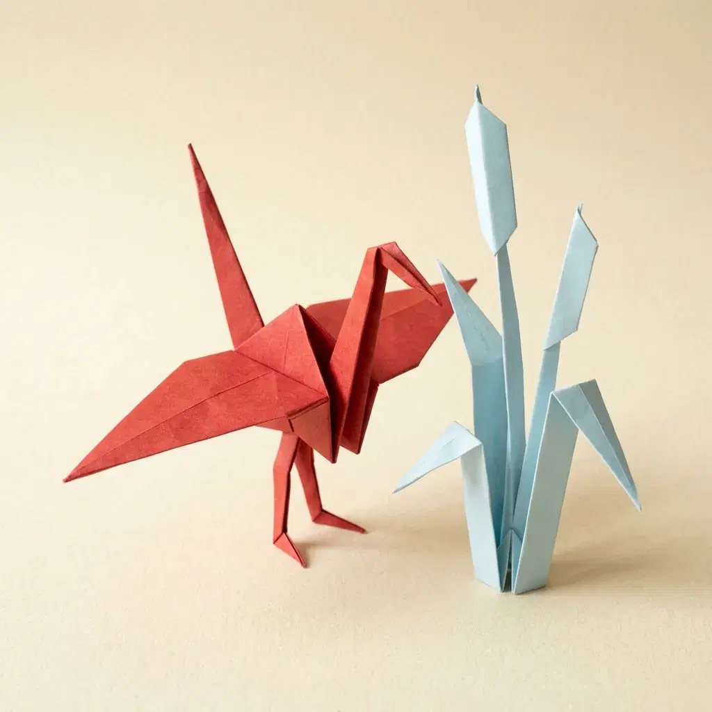 Origami art of a red paper crane with angular wings beside pale blue folded reeds on a cream ground