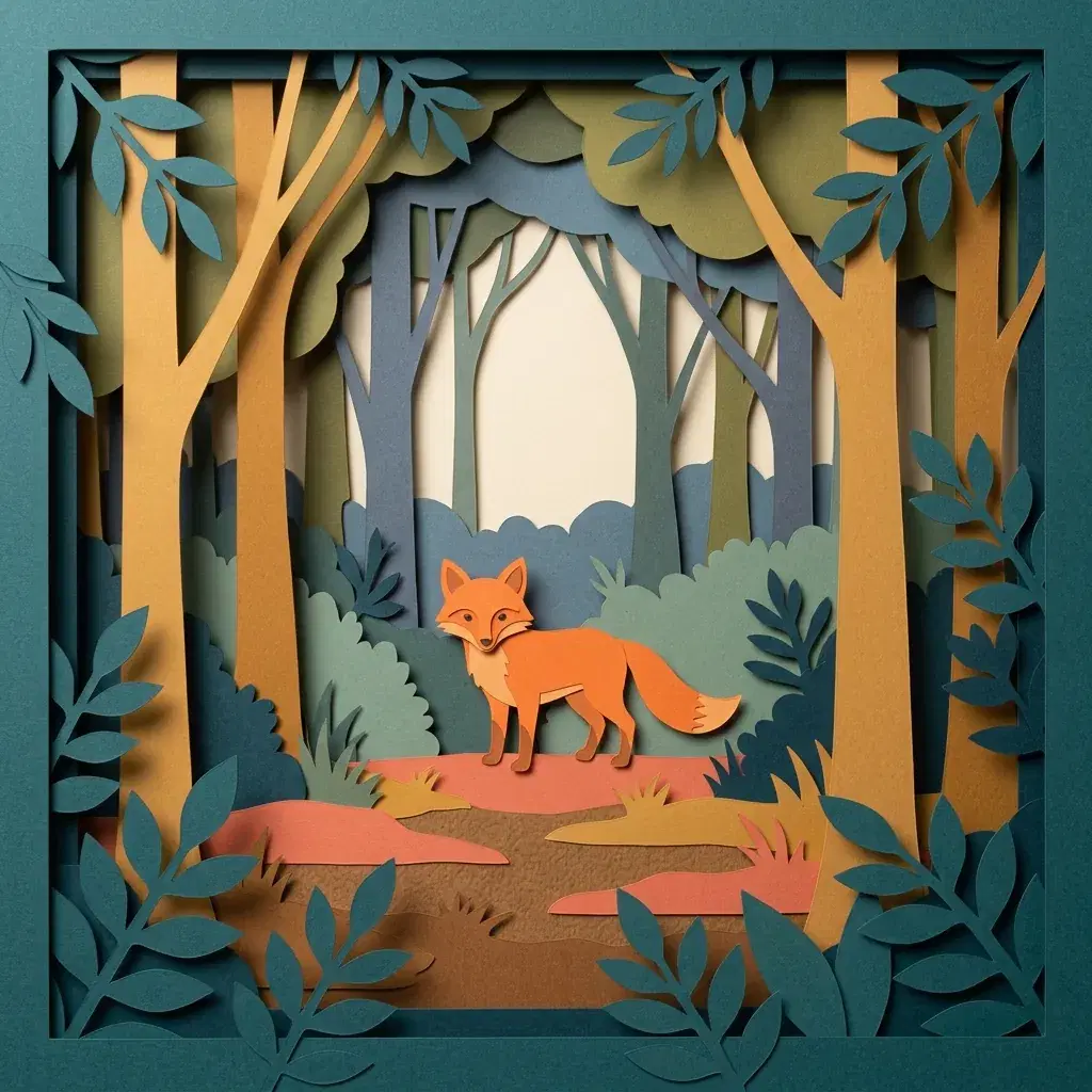 Arte em papel recortado em camadas de uma raposa laranja em uma floresta, cercada por folhas azul-petróleo e troncos de árvores ocre sobrepostos