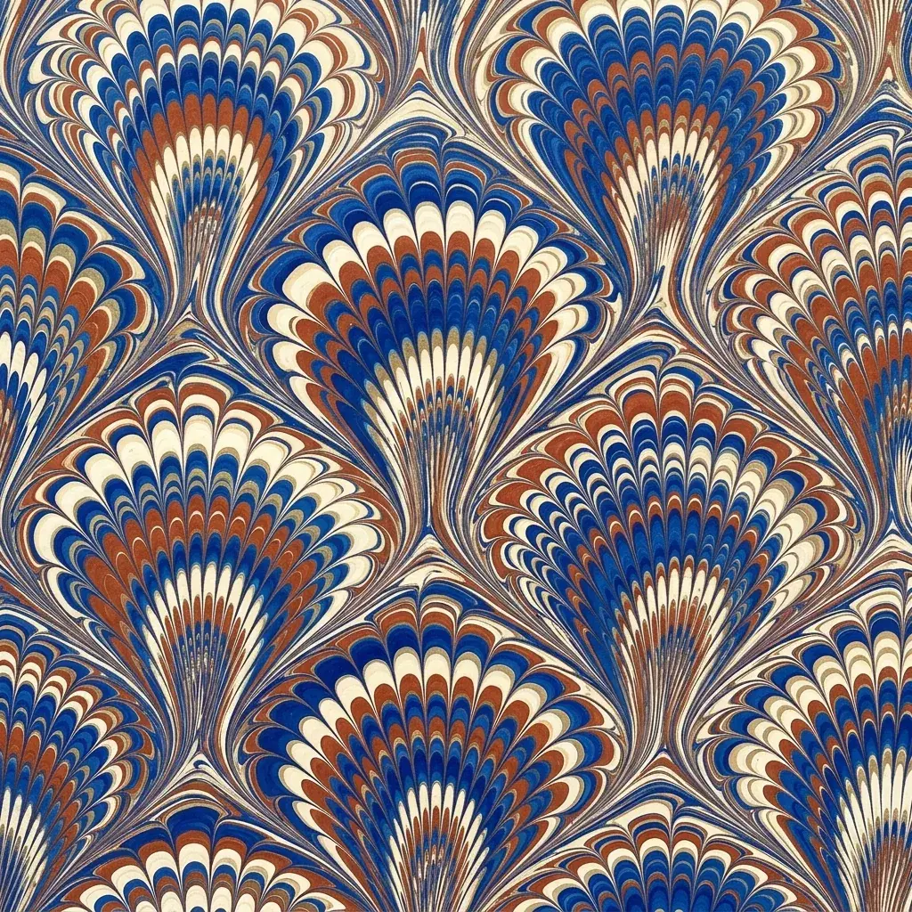 Paper marbling pattern with feathered blue, cream and terracotta fans formed from fine curved pigment lines