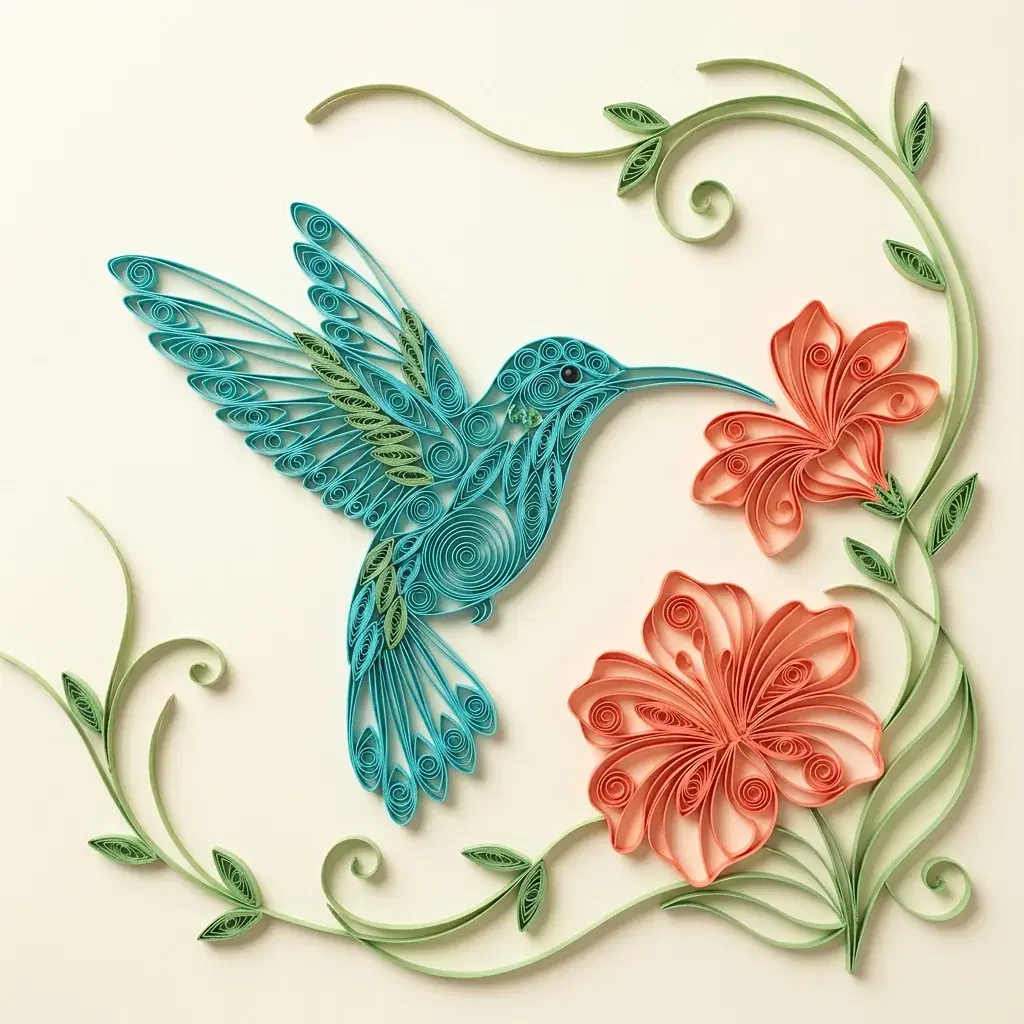 Paper quilling illustration of a turquoise hummingbird hovering beside coral flowers and curling green leaves on ivory