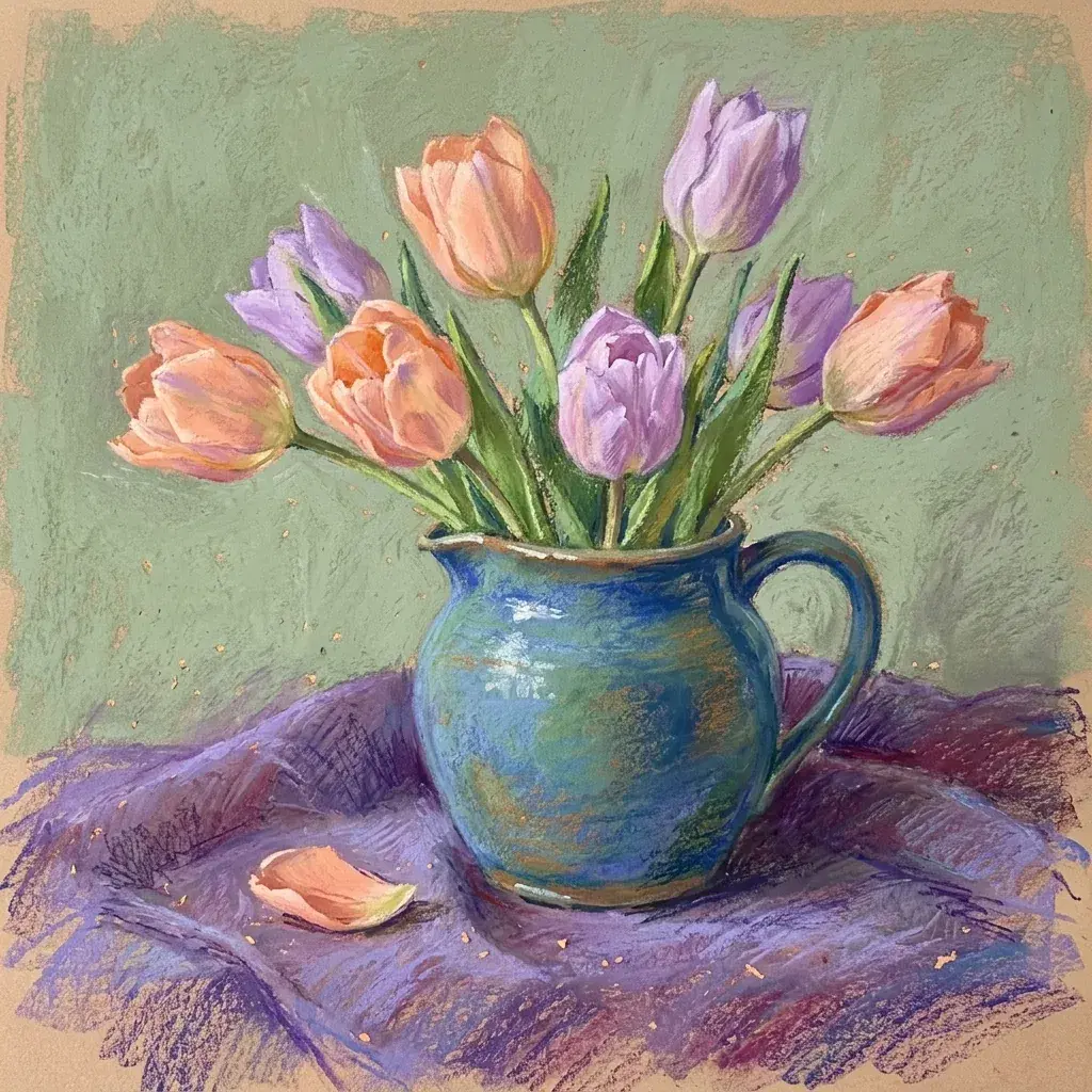 Textured pastel drawing of peach and lavender tulips in a blue-green jug on violet cloth against a sage background