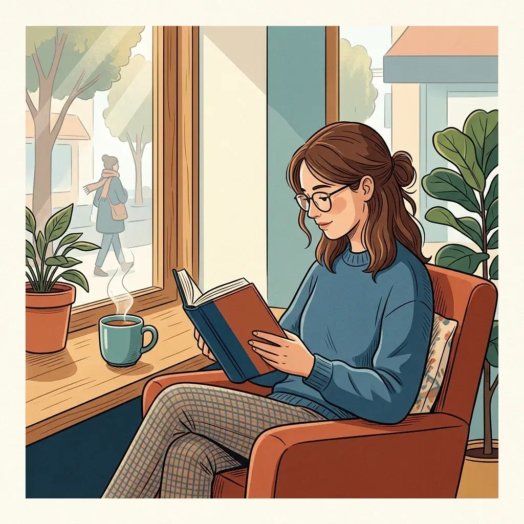 Editorial illustration of a woman reading beside a café window