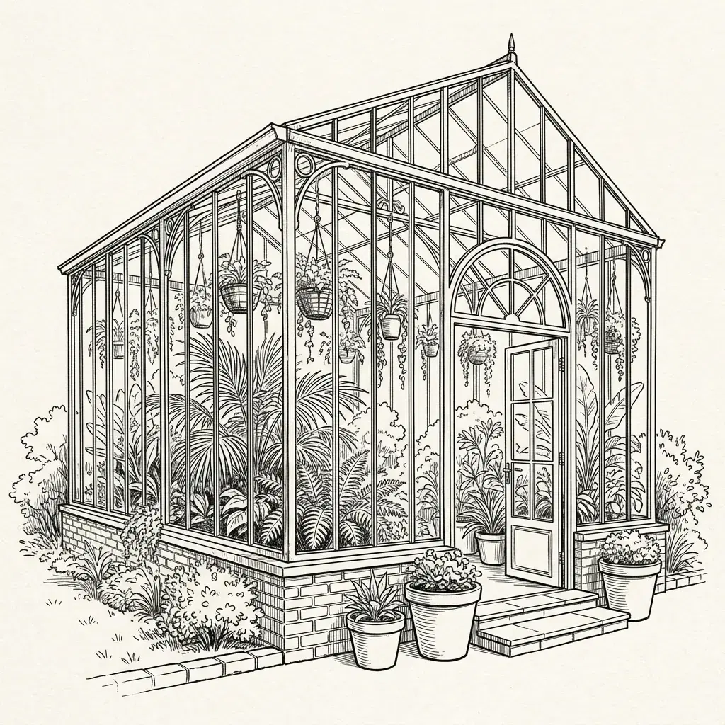 Monochrome line drawing of a glass conservatory filled with plants
