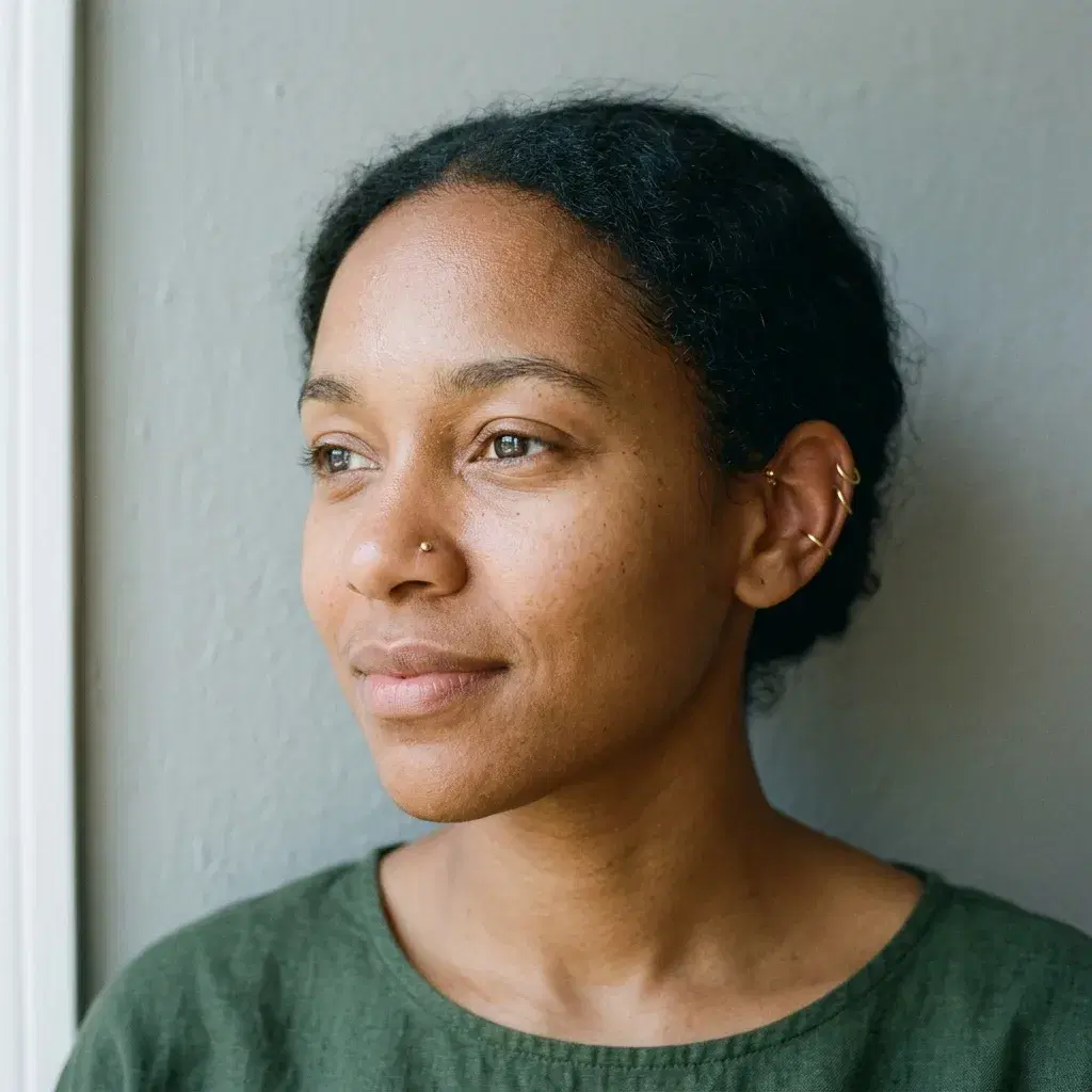 A close three-quarter photograph of a young woman with warm brown skin and dark hair tucked behind her ear, wearing one small gold ball stud through a nostril and two thin gold hoops through her upper ear cartilage, the metal catching a soft window light and casting small shadows on the skin, against a plain putty-grey wall.