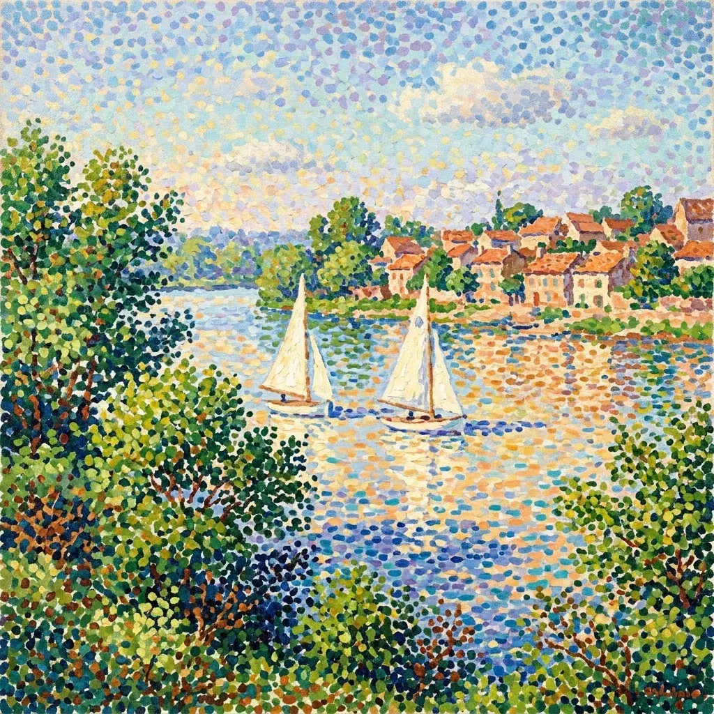 点彩派风格的河流白色帆船绘画，旁边是红瓦屋顶的村庄，水中带有黄色、蓝色和紫色圆点
