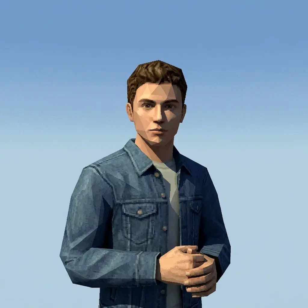 PS2-style low-poly game render of a young man in a denim jacket against a plain blue skybox