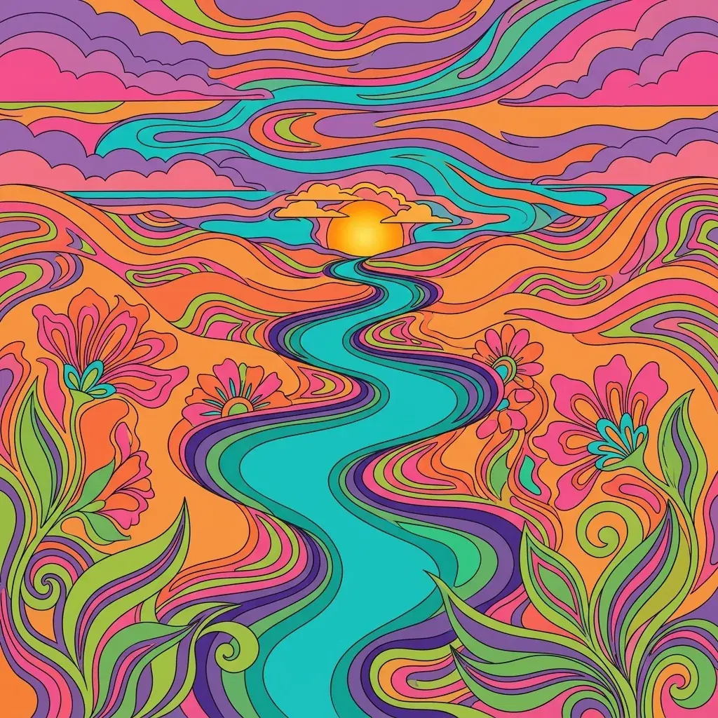 Ilustración psicodélica de un río turquesa serpenteando a través de colinas naranjas y flores rosas bajo un sol dorado y nubes violetas fluidas