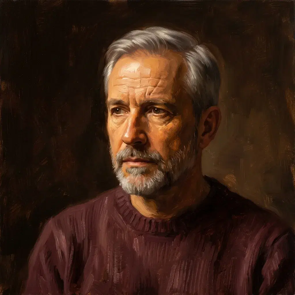 Retrato pintado inspirado en Rembrandt de un hombre con barba y pelo canoso con suéter burdeos sobre fondo marrón oscuro