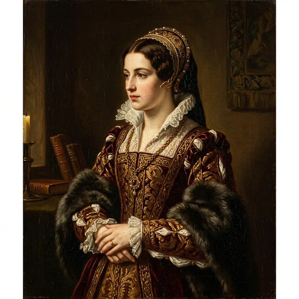 Renaissance-style oil portrait of a young woman in brocade and lace against a dark ground