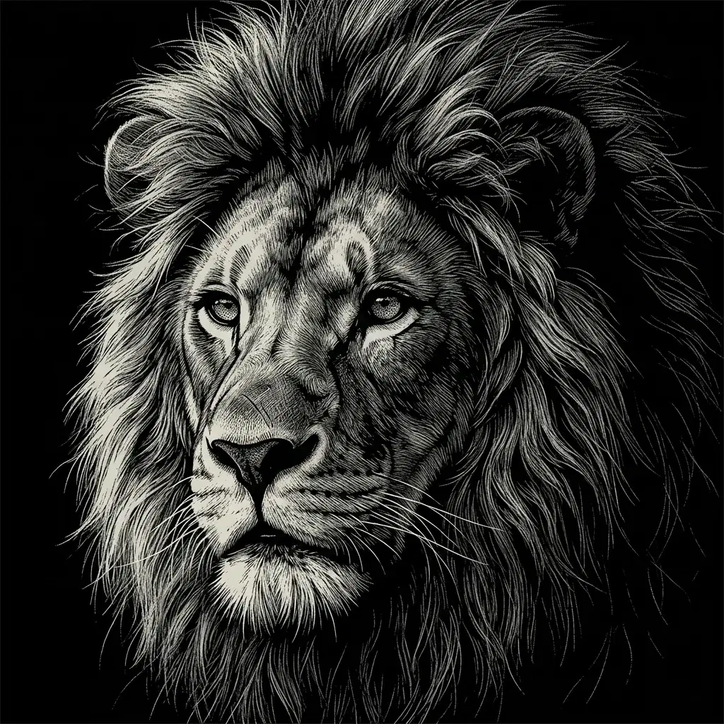 Monochrome scratchboard-style lion portrait with fine pale marks defining the face and mane against a deep black background