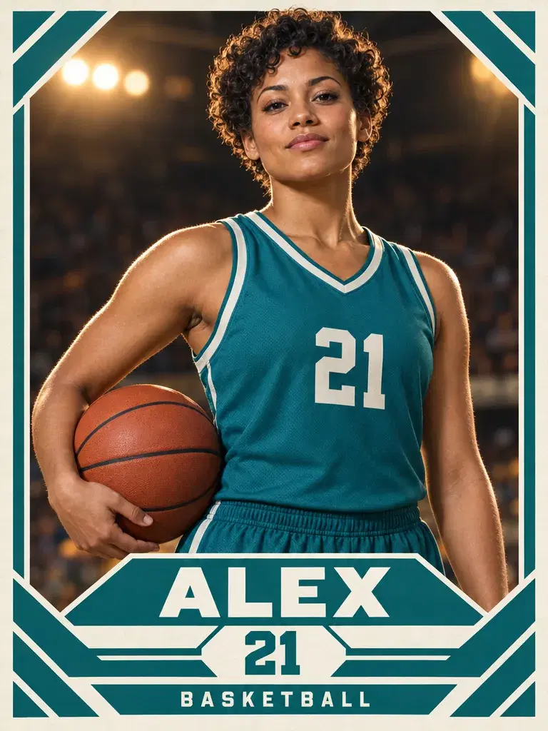 بطاقة كريمية وبترولية لامرأة تحمل كرة، بقميص رقم 21 وعبارتي ALEX وBASKETBALL