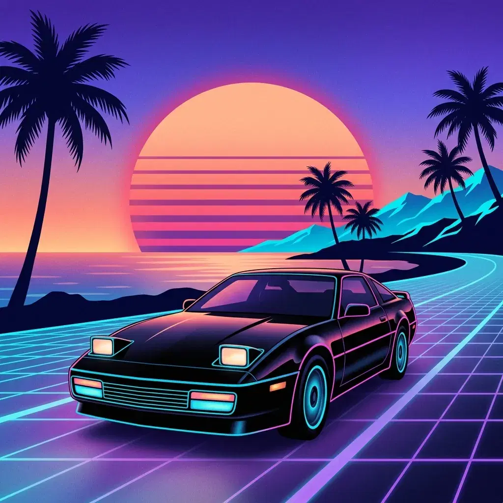 Ilustración synthwave de un coupé deportivo retro negro en una autopista costera cian y violeta con palmeras y un gran sol de puesta de sol a rayas color melocotón