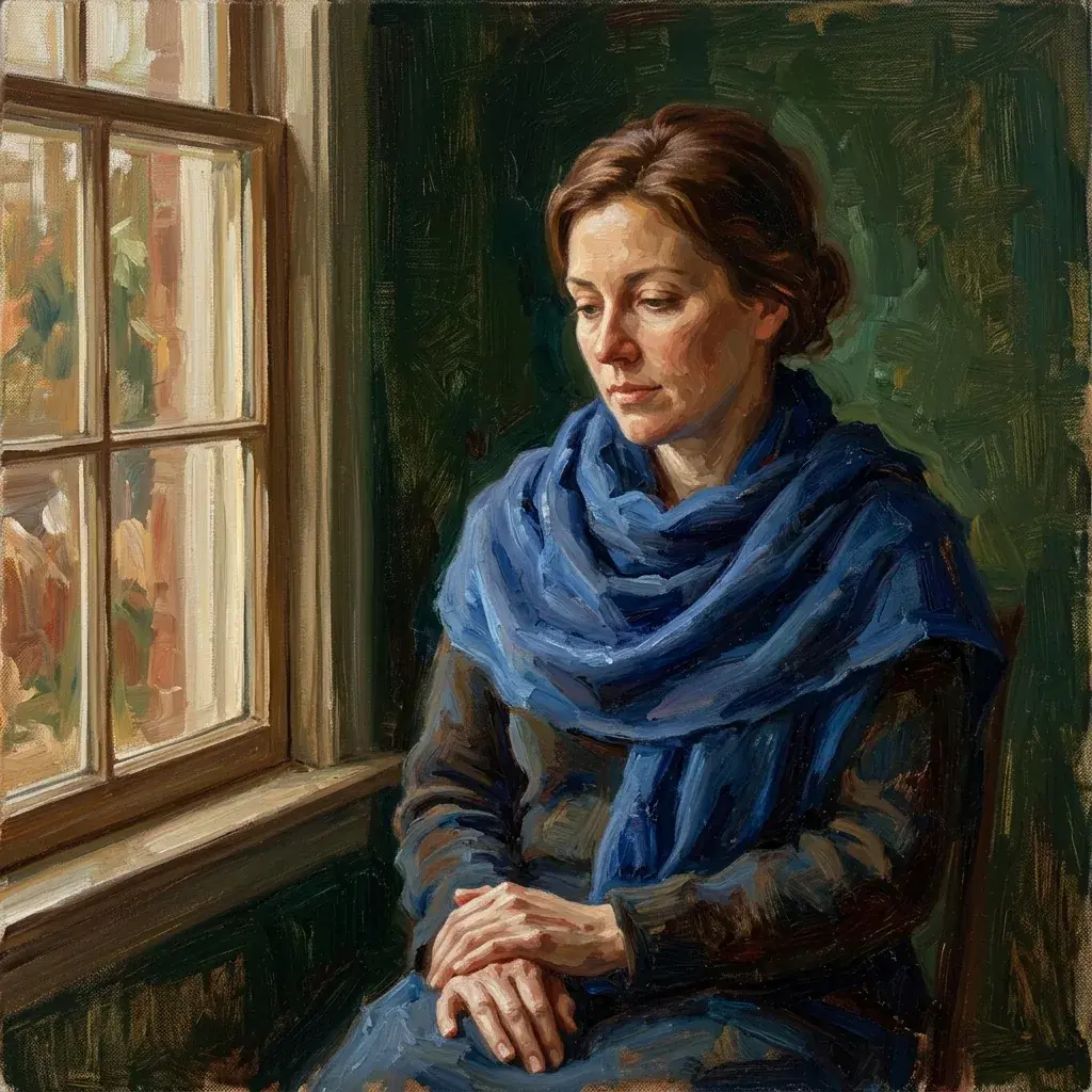 Oil-on-canvas painting of a woman in a blue scarf beside a window