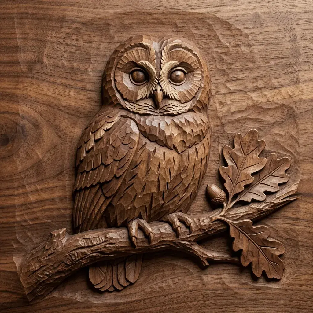 Wood carving relief of an owl perched on a thick branch with oak leaves, with warm brown grain and layered feather planes
