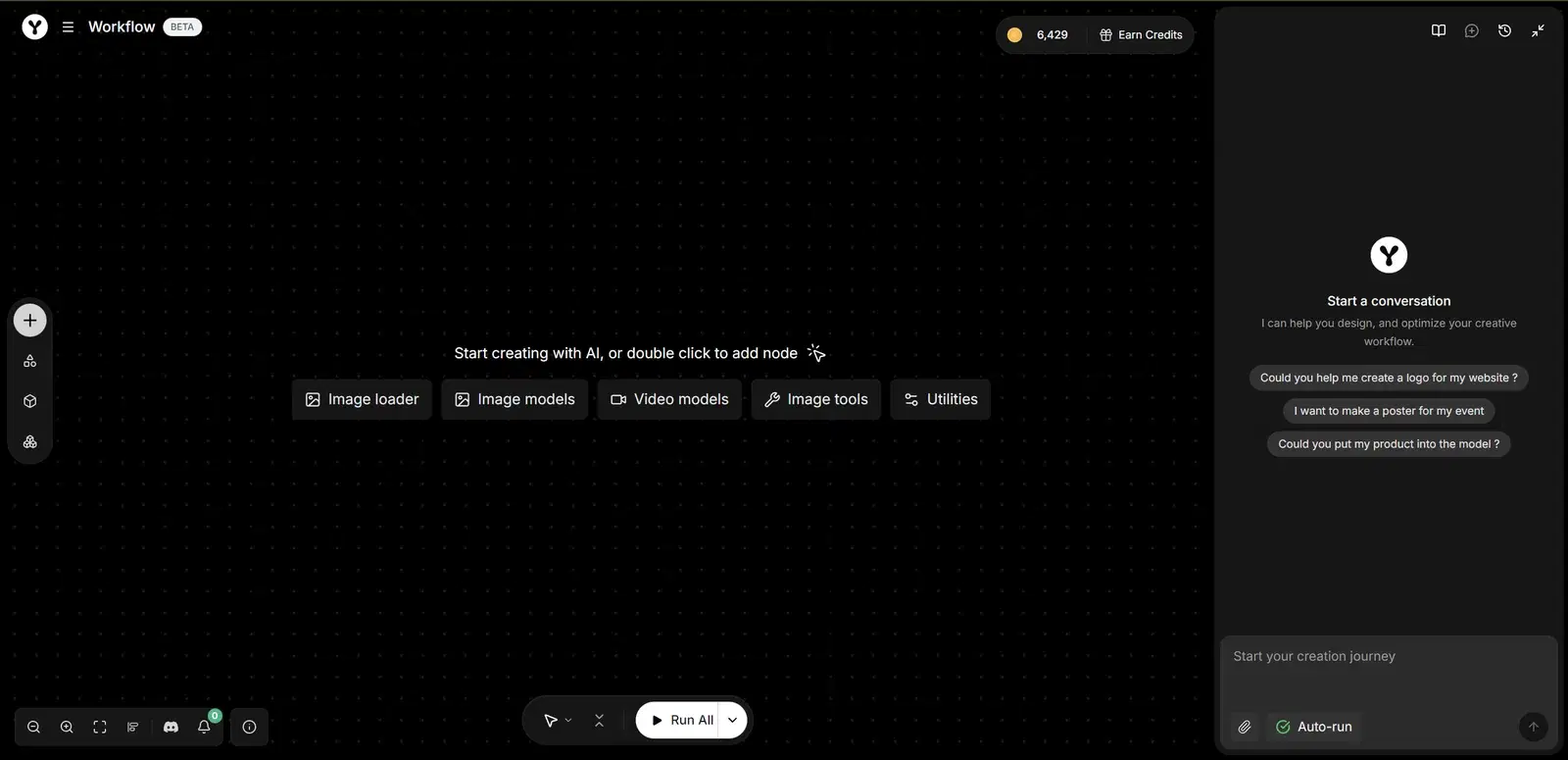 Empty dark YouArt workflow canvas with node category buttons for Image loader, Image models, Video models, Image tools and Utilities, plus the Agent chat panel on the right