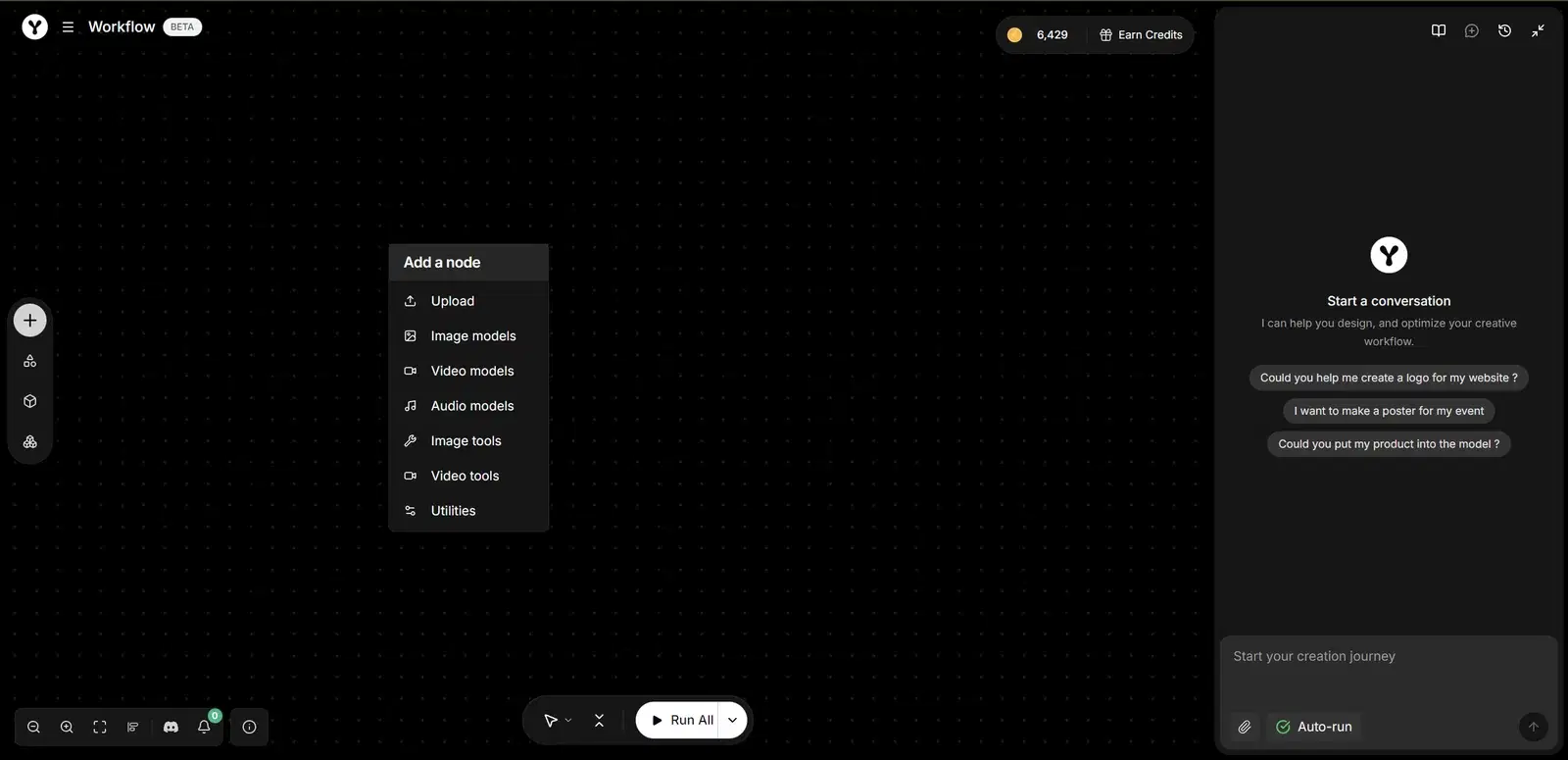 Empty dark workflow canvas with the "Add a node" menu open, listing Upload, Image models, Video models, Audio models, Image tools, Video tools and Utilities.