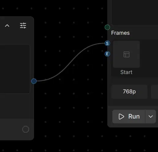 Close-up of a dark canvas where a curved connection runs from one node's output handle into the S and E handles of a Frames node with a 768p field and Run button