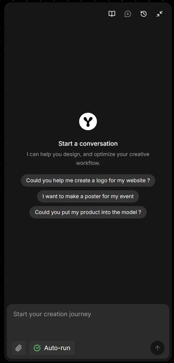 Empty Agent chat panel with a "Start a conversation" heading, three suggested prompt chips, and a message box with Auto-run enabled