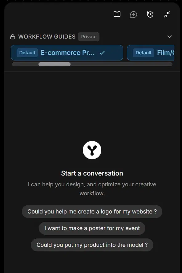 Agent chat panel showing a private Workflow Guides row of preset cards above a "Start a conversation" empty state with three suggested prompt buttons.