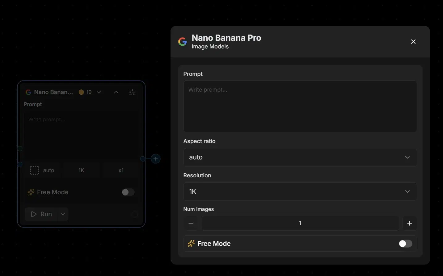 Dark canvas with a Nano Banana Pro image node on the left and its expanded settings panel on the right showing Prompt, Aspect ratio, Resolution, Num Images and Free Mode