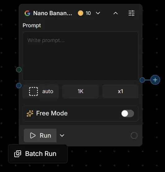 An image node on the canvas with an empty prompt box, auto/1K/x1 controls, a Free Mode toggle, a Run button with a dropdown arrow, and a Batch Run menu item