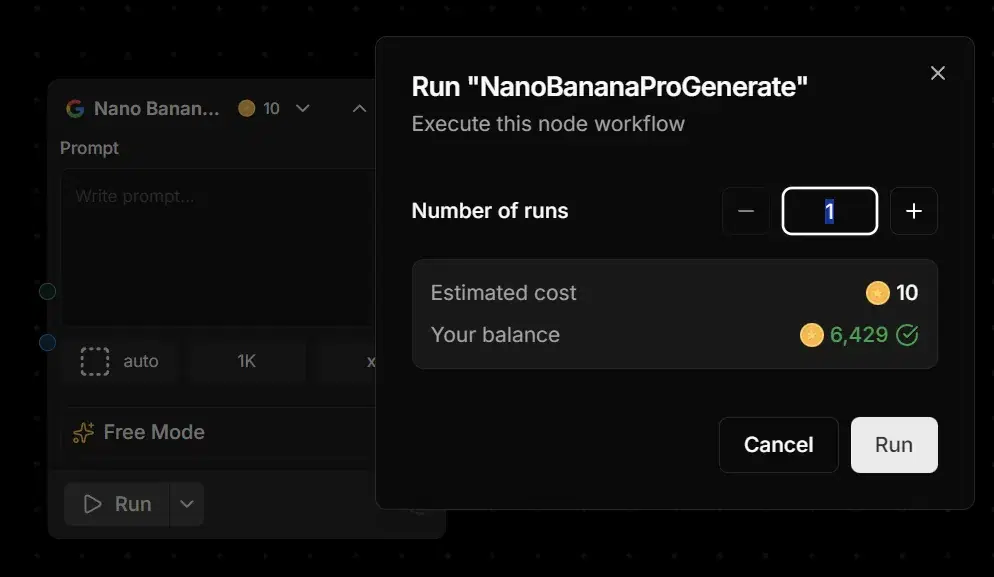Run dialog over a workflow node with a Number of runs stepper set to 1, estimated cost of 10 credits, the account balance, and Cancel and Run buttons.