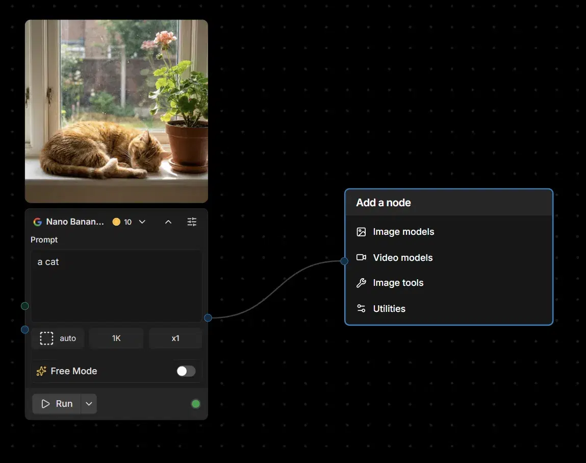 An image node with the prompt "a cat" and its cat photo above, output handle dragged into an "Add a node" menu listing Image models, Video models, Image tools and Utilities