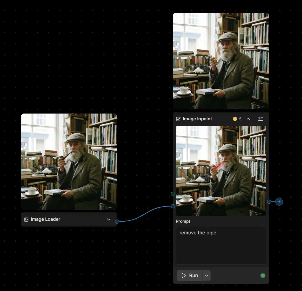 An Image Loader node connected by a blue curve to an Image Inpaint node whose prompt reads "remove the pipe", with a Run button below