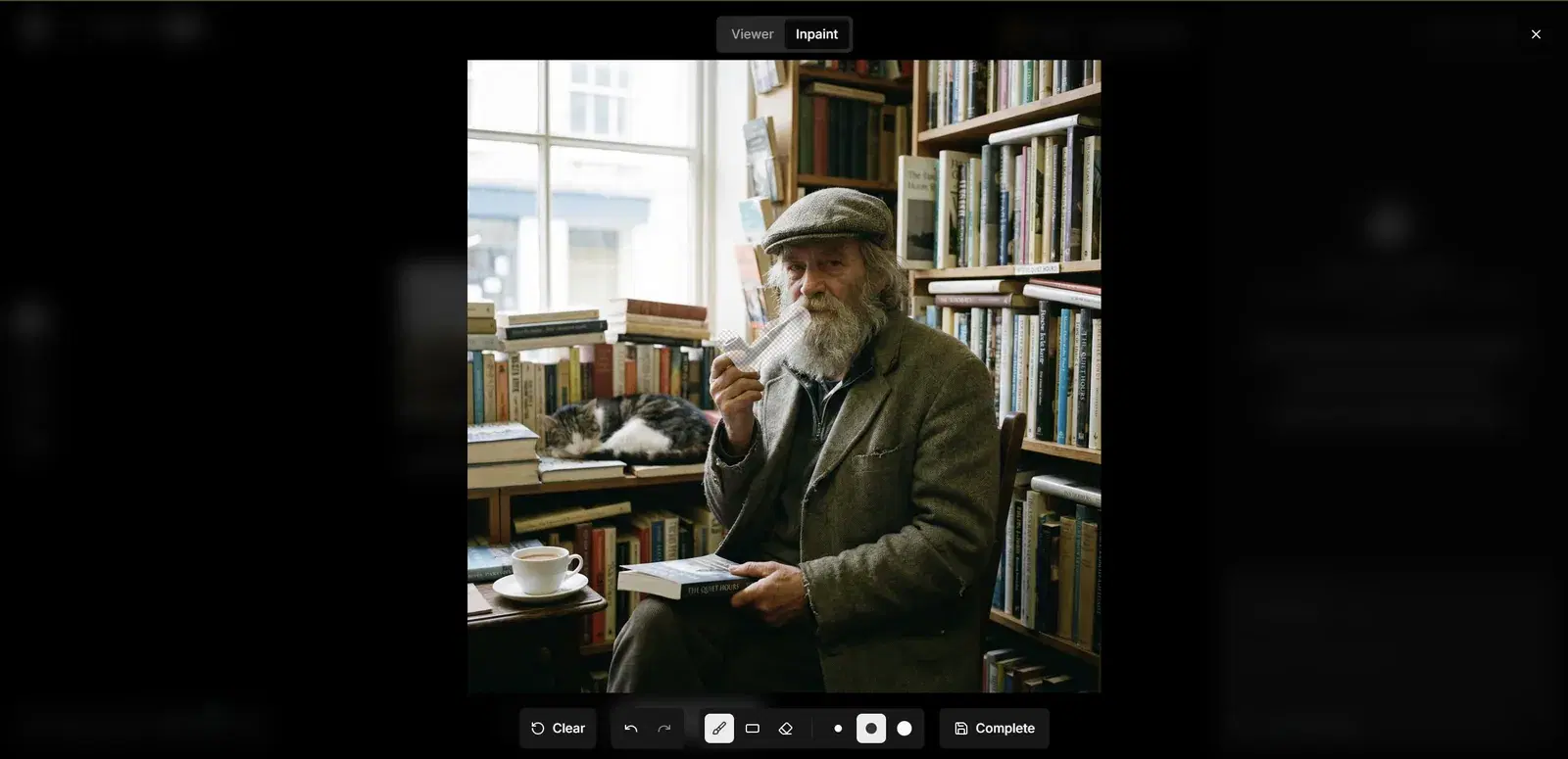 Fullscreen image editor on the Inpaint tab, with a brush mask painted over the pipe in a bookshop portrait and a bottom toolbar ending in Complete.