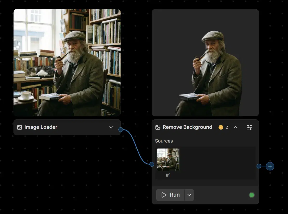 An Image Loader node holding a photo of a seated man connects on the canvas to a Remove Background node whose preview shows the same subject cut out on a dark backdrop