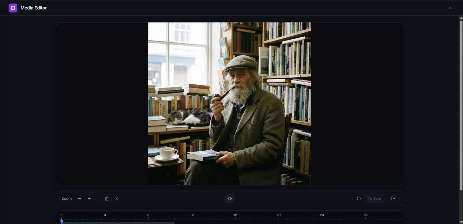 Media Editor overlay showing a portrait of a pipe-smoking man in a bookshop, with Zoom, delete, cut, play and Save controls above a numbered timeline ruler.