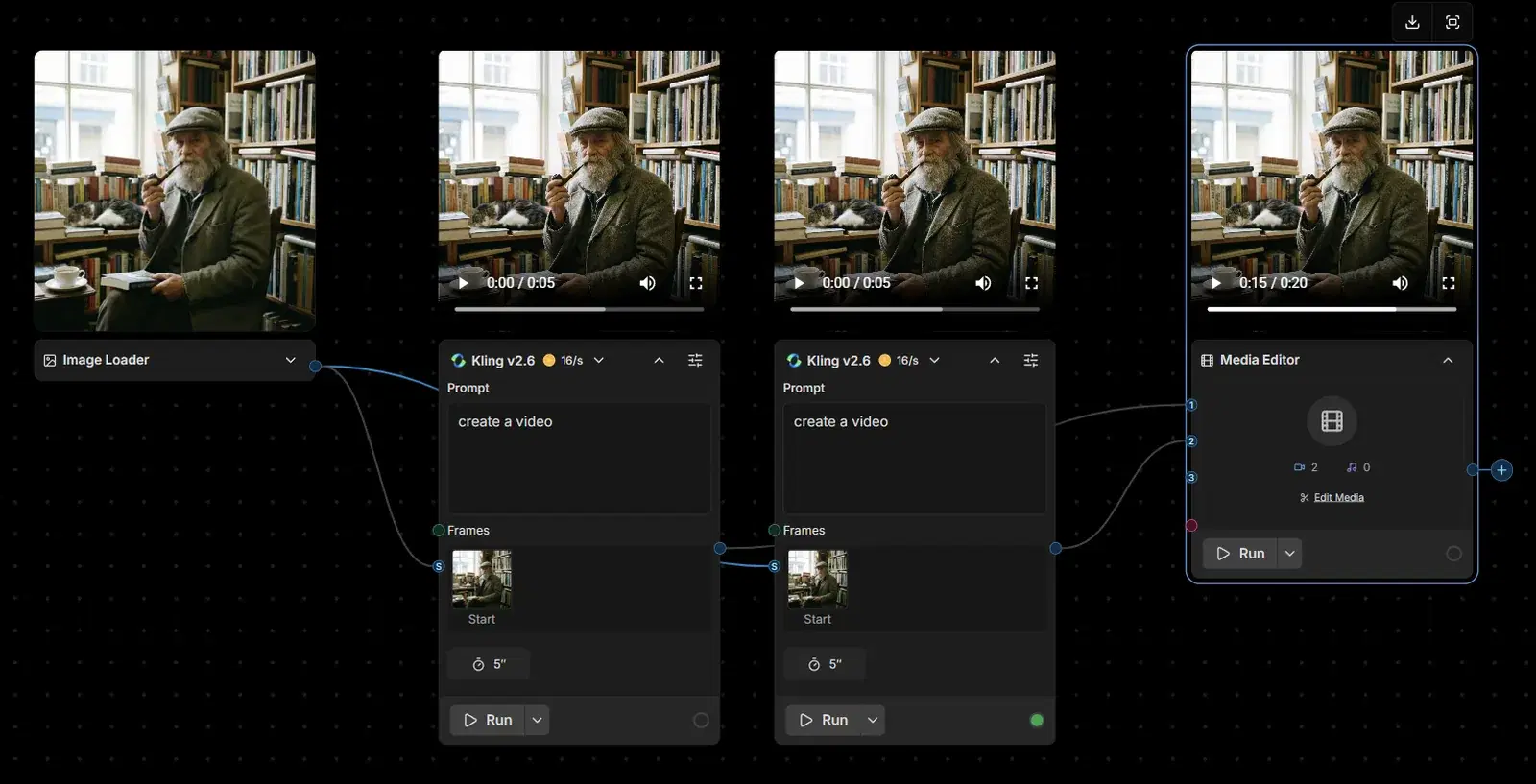 Workflow canvas where an Image Loader node feeds two Kling v2.6 video nodes whose outputs connect into a selected Media Editor node