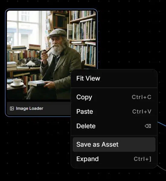 Right-click menu open beside a selected Image Loader node on the canvas, with "Save as Asset" highlighted among Fit View, Copy, Paste, Delete and Expand