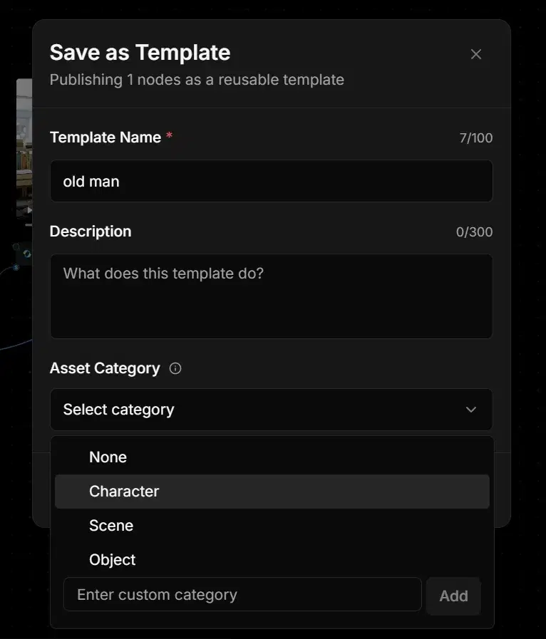 The Save as Template dialog with the name "old man" entered, an empty Description box, and the Asset Category dropdown open on None, Character, Scene, and Object.
