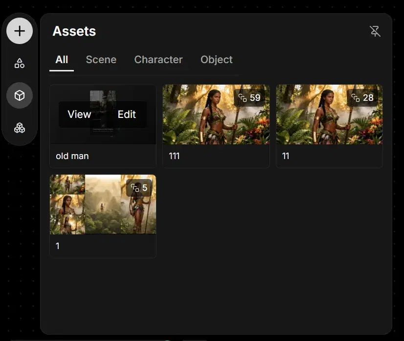 Assets panel open on the canvas with All, Scene, Character and Object tabs above saved asset cards, one showing View and Edit buttons