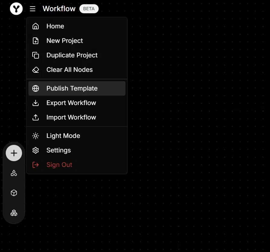 Workflow editor menu open on a dark canvas with Publish Template highlighted among New Project, Clear All Nodes, Export Workflow, Light Mode and Sign Out