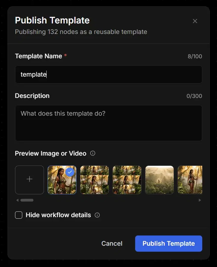 Publish Template dialog with Template Name and Description fields, a row of preview images with one selected, a Hide workflow details checkbox, and Publish Template button