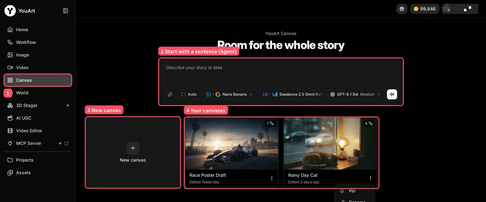 The Canvas page with Canvas selected in the left sidebar, the Describe your story or idea box, the New canvas card and two existing canvases