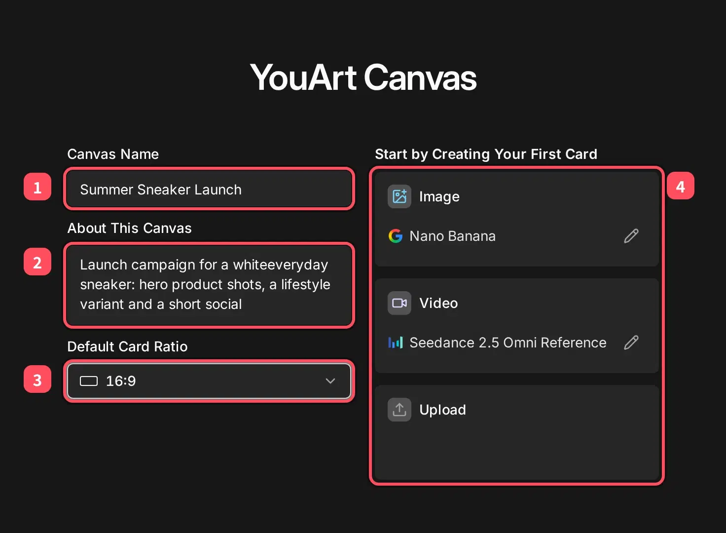The setup screen of a new canvas with fields for the name, the description and the default ratio, and Image, Video and Upload buttons for the first card