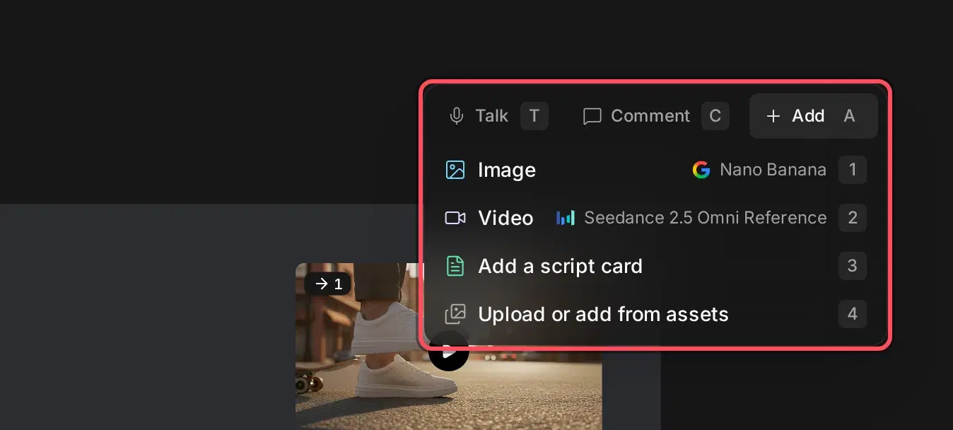 The Add menu open on the board with Image, Video, Add a script card, and Upload or add from assets, each with its number key